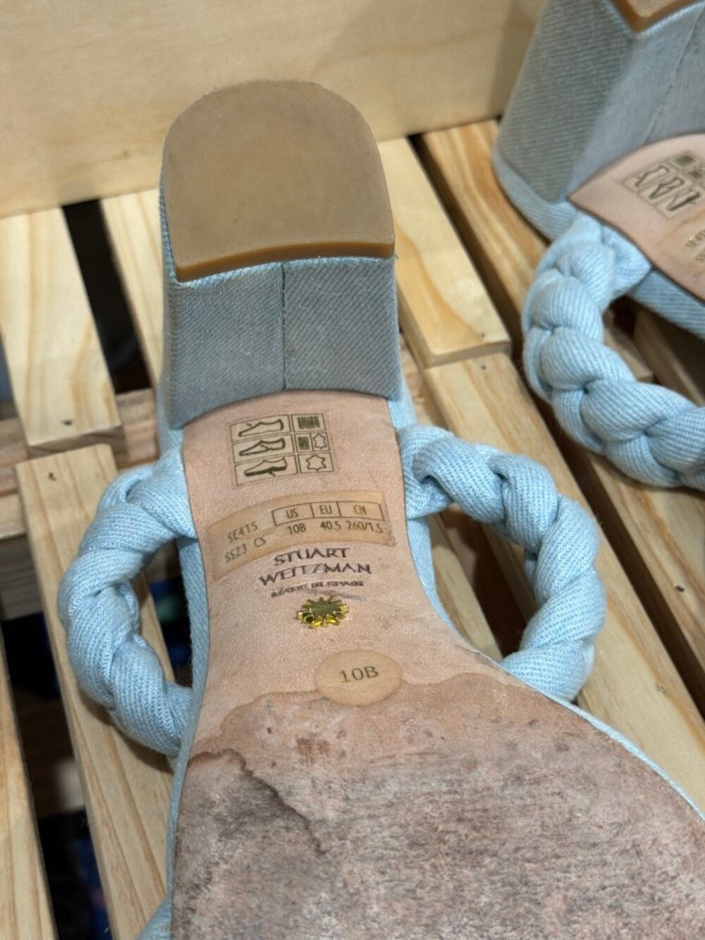 Stuart Weitzman Denim Braided Block Heel Sandals 10B